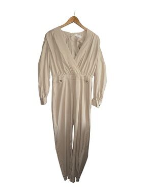 MNG Women's Medium Neutral Chic Beige V Neck Long Sleeve Jumpsuit Cream Colored